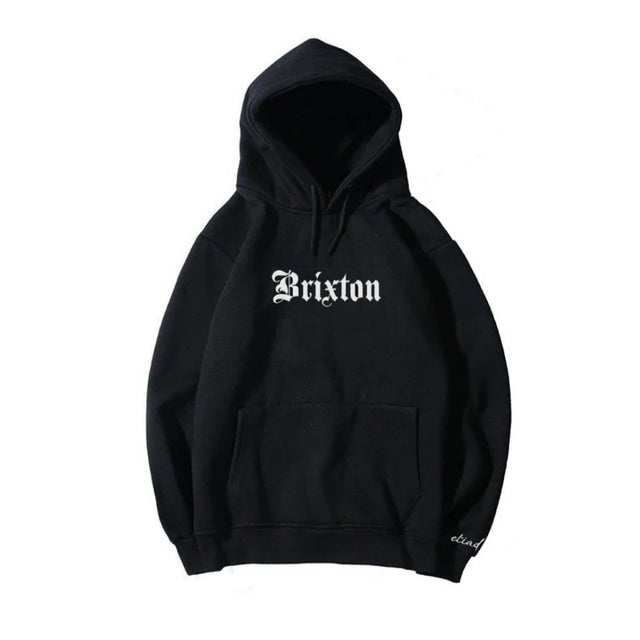 Brixton Hoodie - Black Heavy Cotton with Brixton across front.