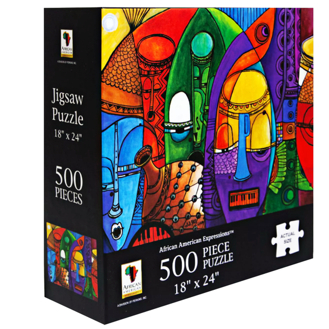 abstract African masks entwined with jazz instruments Jigsaw